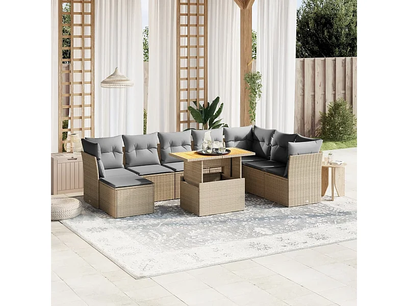 9 peças conjunto de sofás para jardim com almofadões vime PE bege