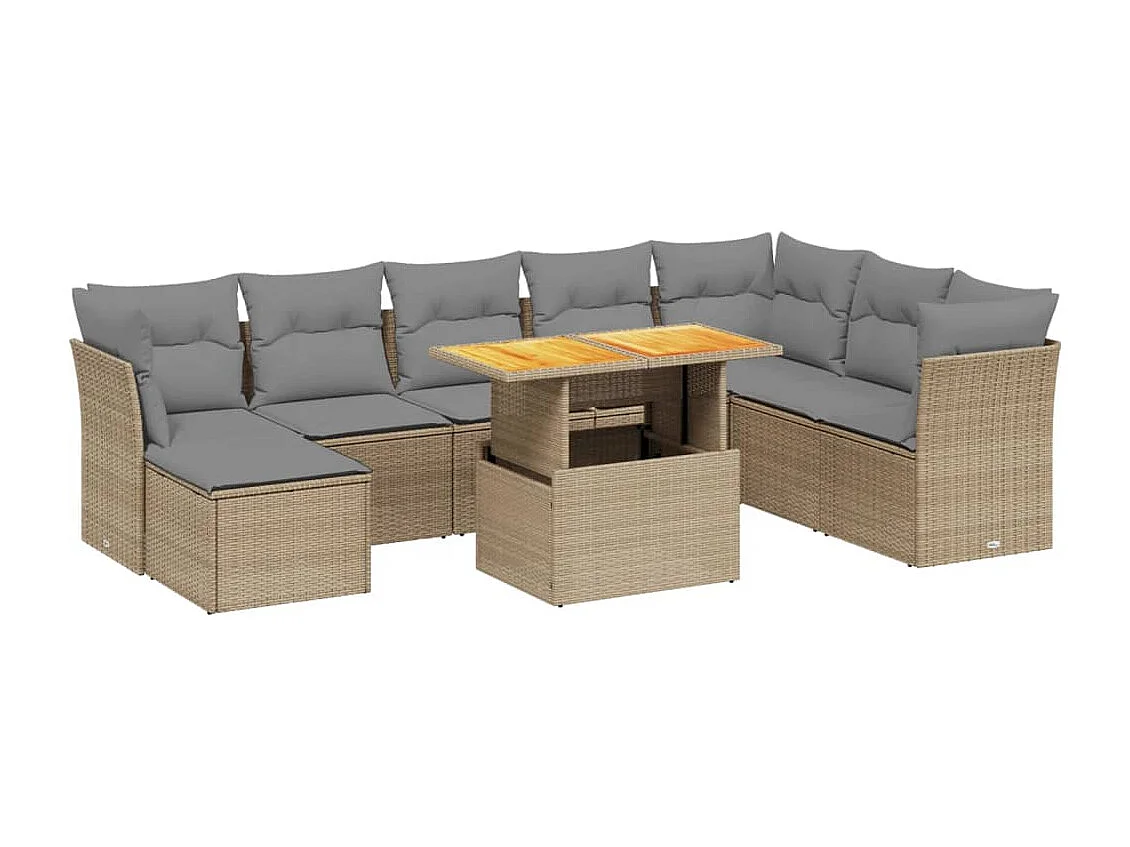 Salon de jardin avec coussins 9 pièces beige résine tressée