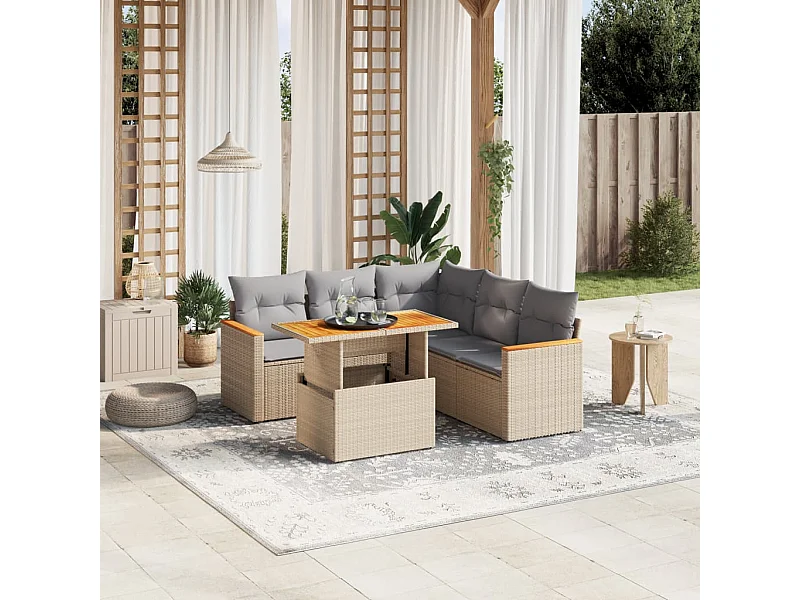 Salon de jardin avec coussins 6 pièces beige résine tressée