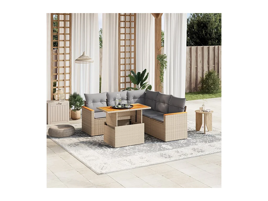 Salon de jardin avec coussins 6 pièces beige résine tressée