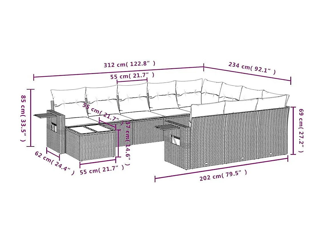 11-delige Loungeset met kussens poly rattan lichtgrijs