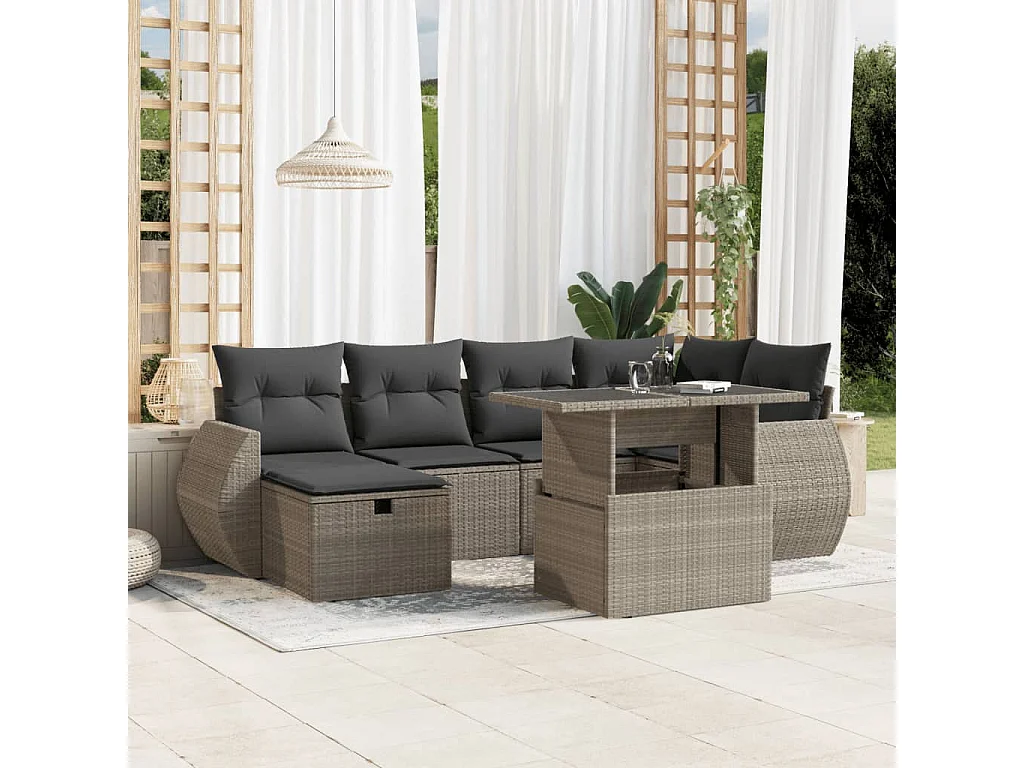 7-delige Loungeset met kussens poly rattan lichtgrijs