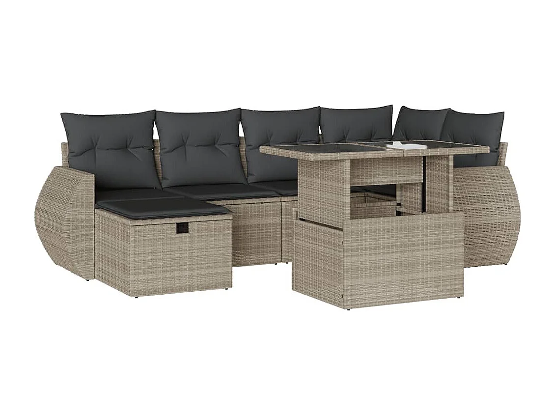 7-delige Loungeset met kussens poly rattan lichtgrijs