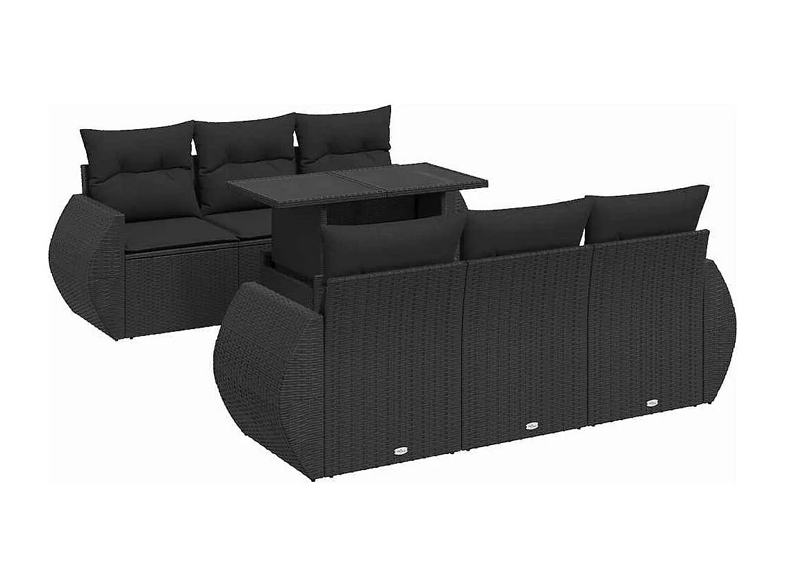 Set de sofás de jardín 7 piezas con cojines ratán sintético negro