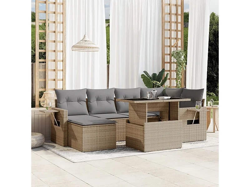 7 peças conjunto de sofás para jardim com almofadões vime PE bege