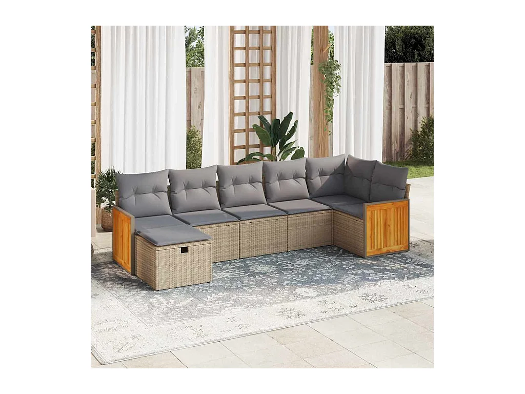 7 peças conjunto de sofás para jardim com almofadões vime PE bege