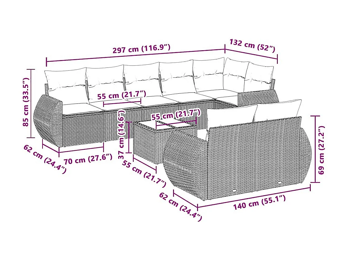 9-delige Loungeset met kussens poly rattan lichtgrijs