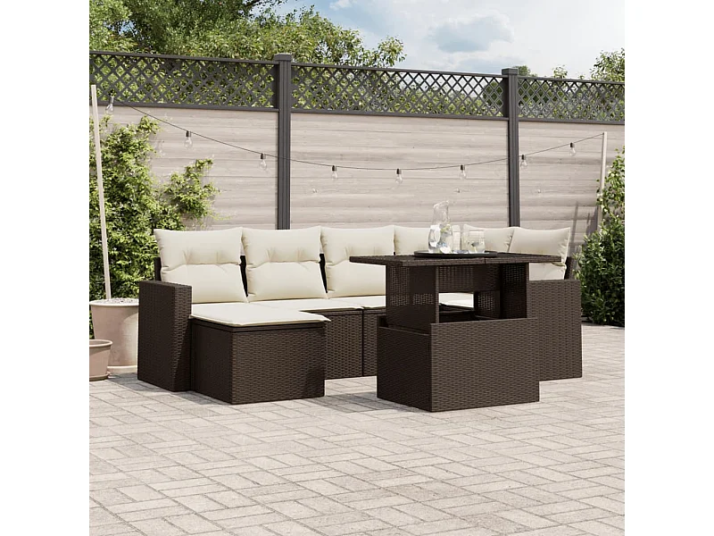 Juego de sofás de jardín 7 piezas con cojines ratán PE marrón