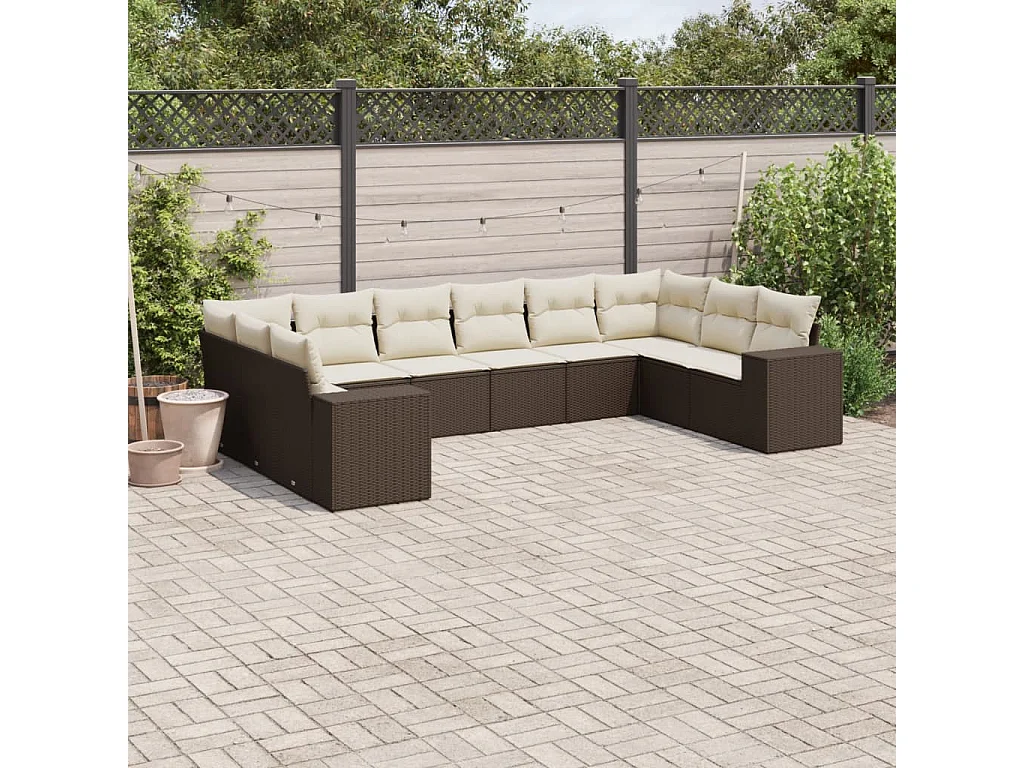 Salon de jardin 10 pièces avec coussins marron résine tressée