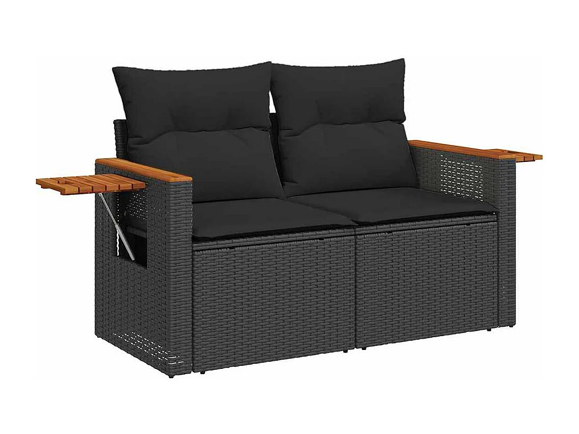 7-delige Loungeset met kussens poly rattan acacia zwart