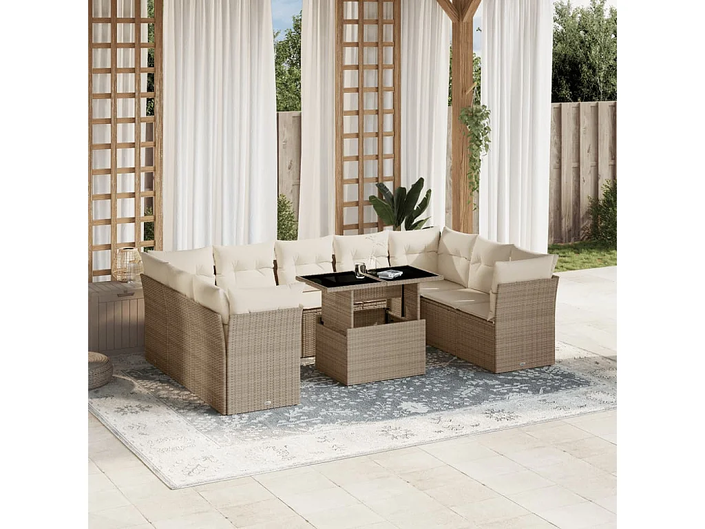 Salon de jardin avec coussins 10 pièces beige résine tressée