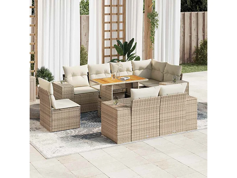 9 peças conjunto de sofás para jardim com almofadões vime PE bege