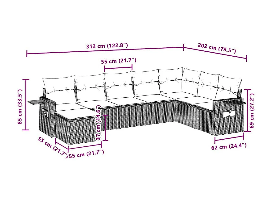 Salon de jardin 8 pièces avec coussins gris clair résine tressée
