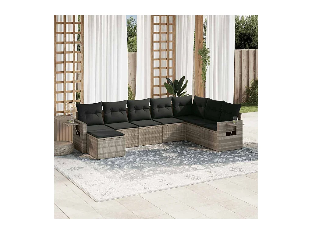Set de sofás de jardín 8 piezas y cojines ratán sintético gris