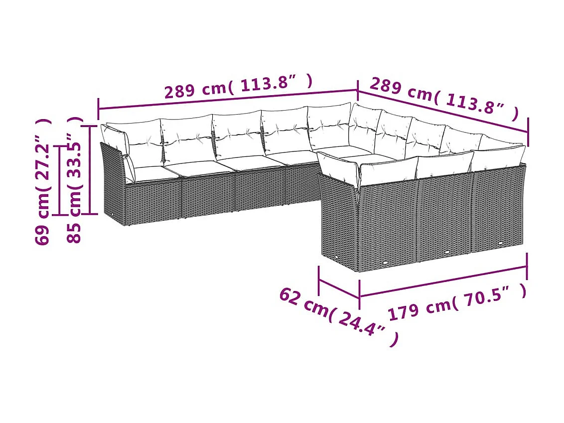11-delige Loungeset met kussens poly rattan lichtgrijs