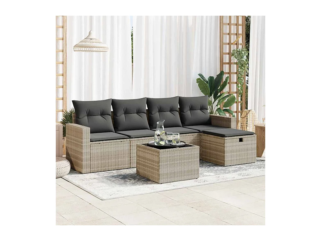 6-delige Loungeset met kussens poly rattan lichtgrijs