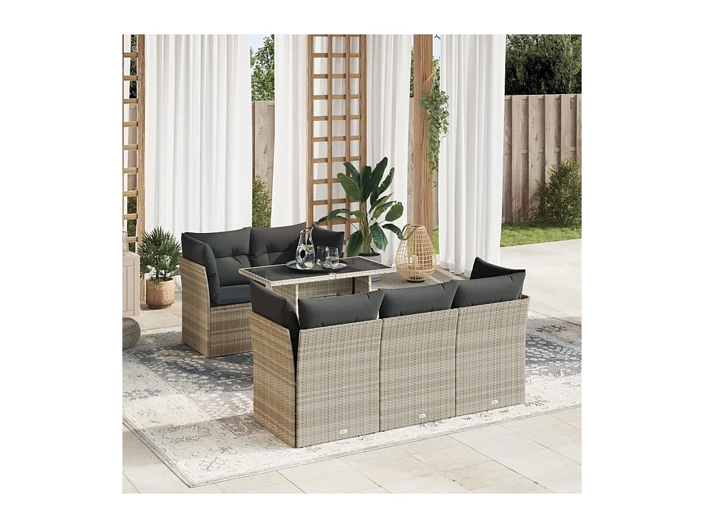 Salon de jardin 6 pièces avec coussins gris clair résine tressée