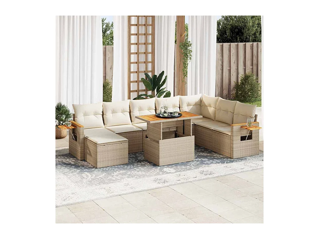 9-delige Loungeset met kussens poly rattan acacia beige