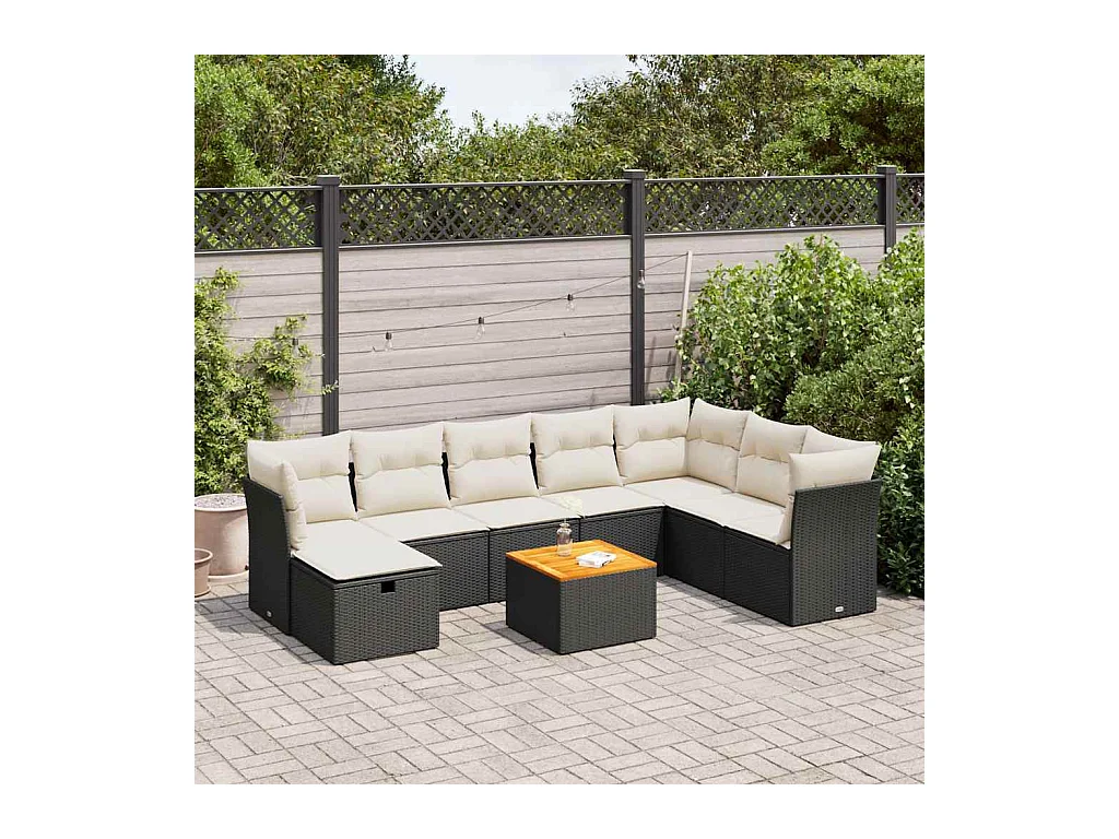 9-delige Loungeset met kussens poly rattan zwart