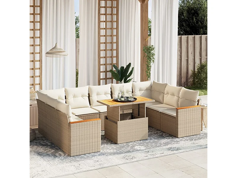 10 peças conjunto de sofás para jardim com almofadões vime PE bege