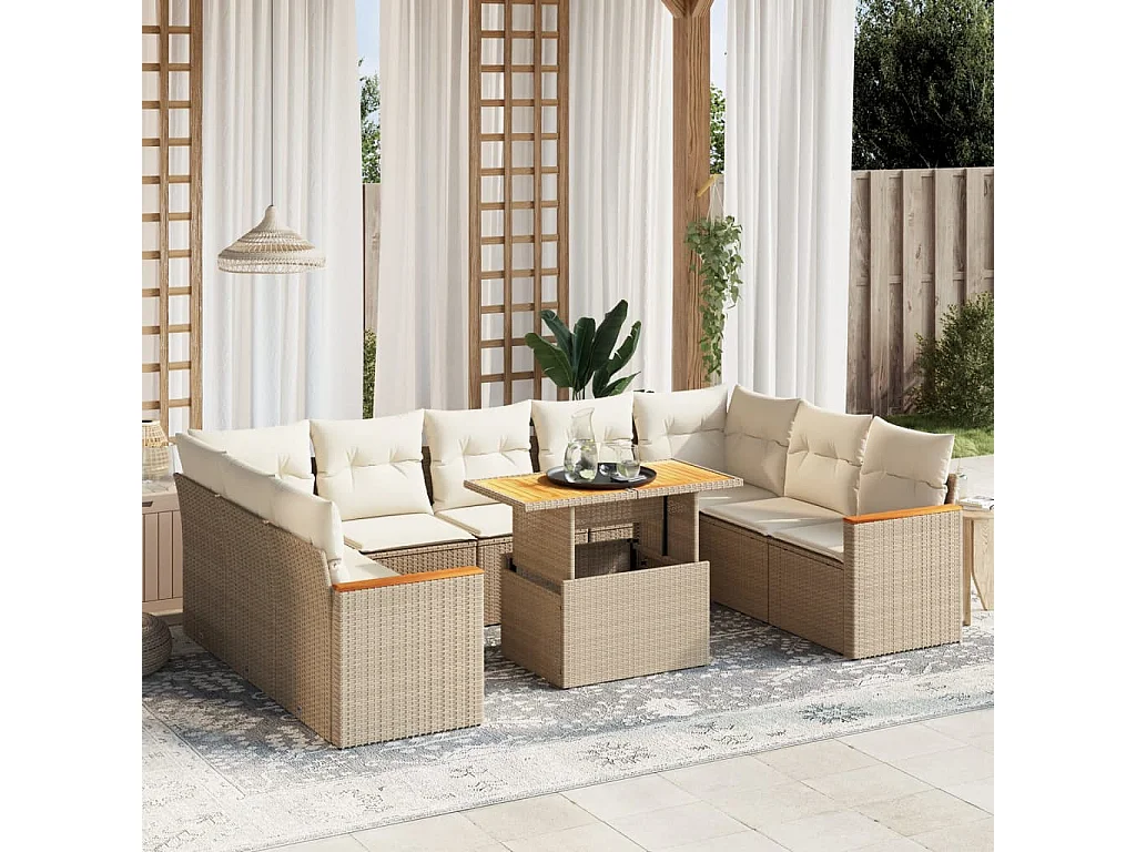 10 peças conjunto de sofás para jardim com almofadões vime PE bege