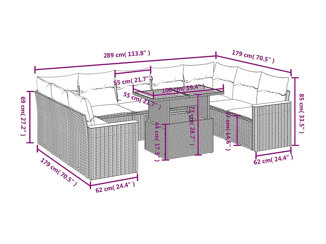 10 peças conjunto de sofás para jardim com almofadões vime PE bege