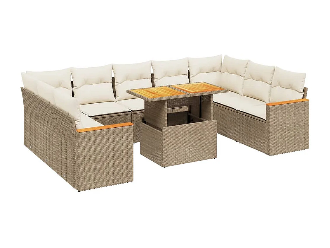Salon de jardin avec coussins 10 pièces beige résine tressée