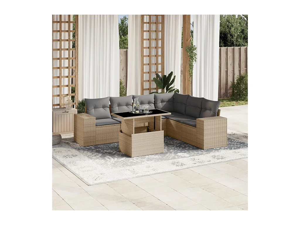 7-delige Loungeset met kussens poly rattan beige