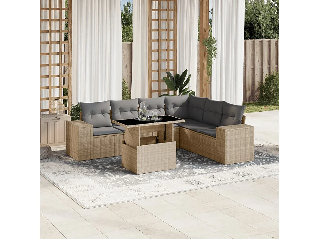 7 peças conjunto de sofás para jardim com almofadões vime PE bege