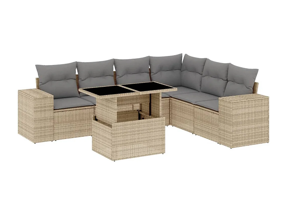 7 peças conjunto de sofás para jardim com almofadões vime PE bege