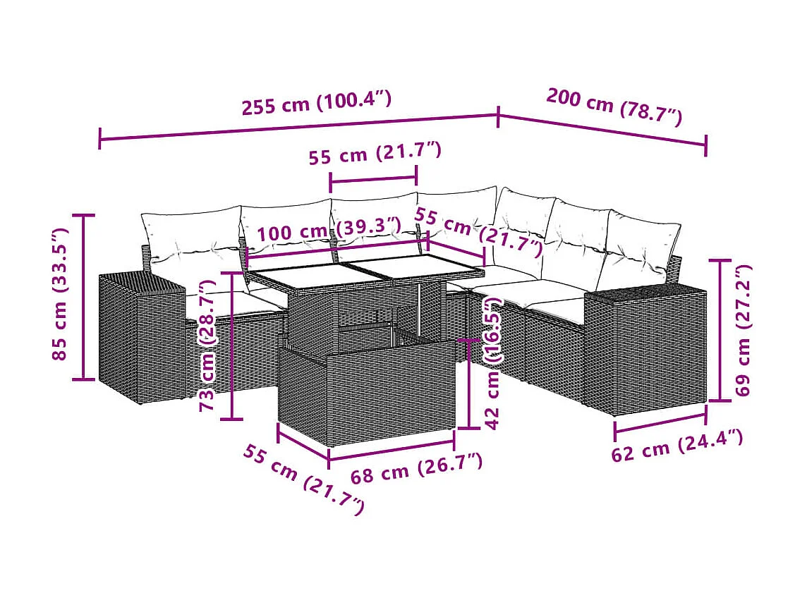 7 peças conjunto de sofás para jardim com almofadões vime PE bege