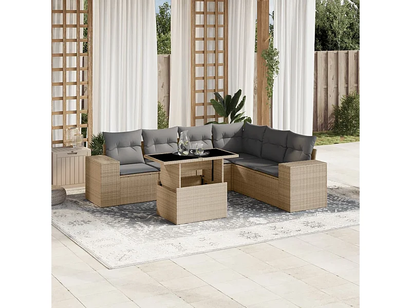 7 peças conjunto de sofás para jardim com almofadões vime PE bege