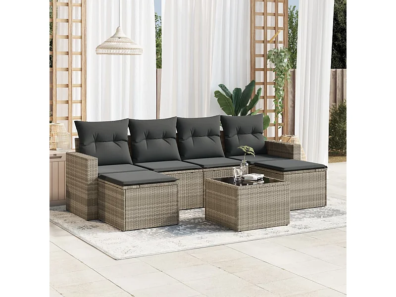 Salon de jardin avec coussins 7 pièces gris clair résine tressée