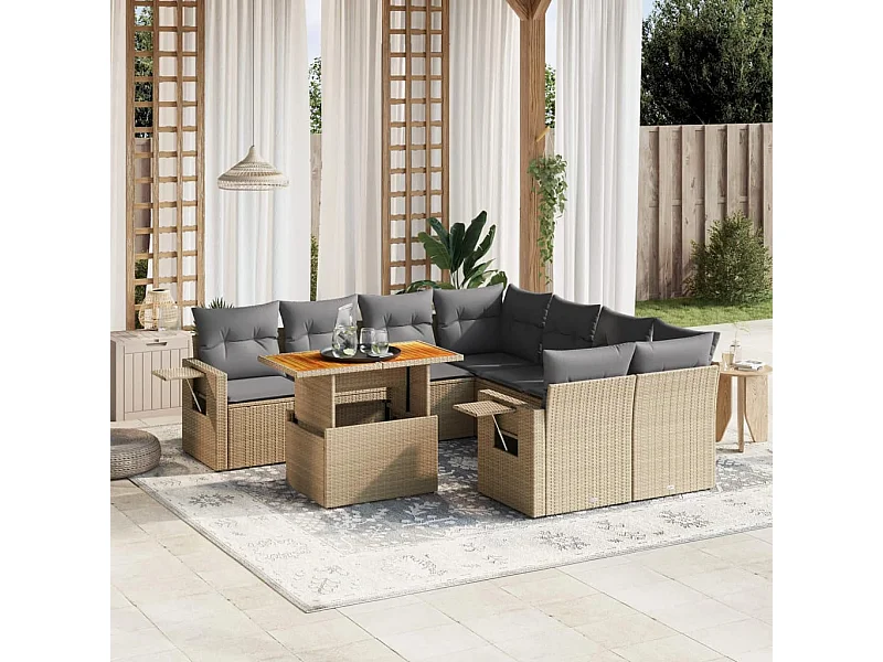 Salon de jardin avec coussins 8 pièces beige résine tressée