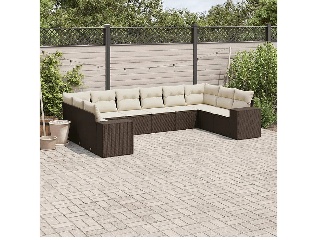 Salon de jardin 10 pièces avec coussins marron résine tressée
