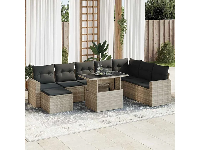 9-delige Loungeset met kussens poly rattan lichtgrijs