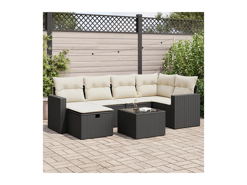 Salon de jardin 7 pièces avec coussins noir résine tressée