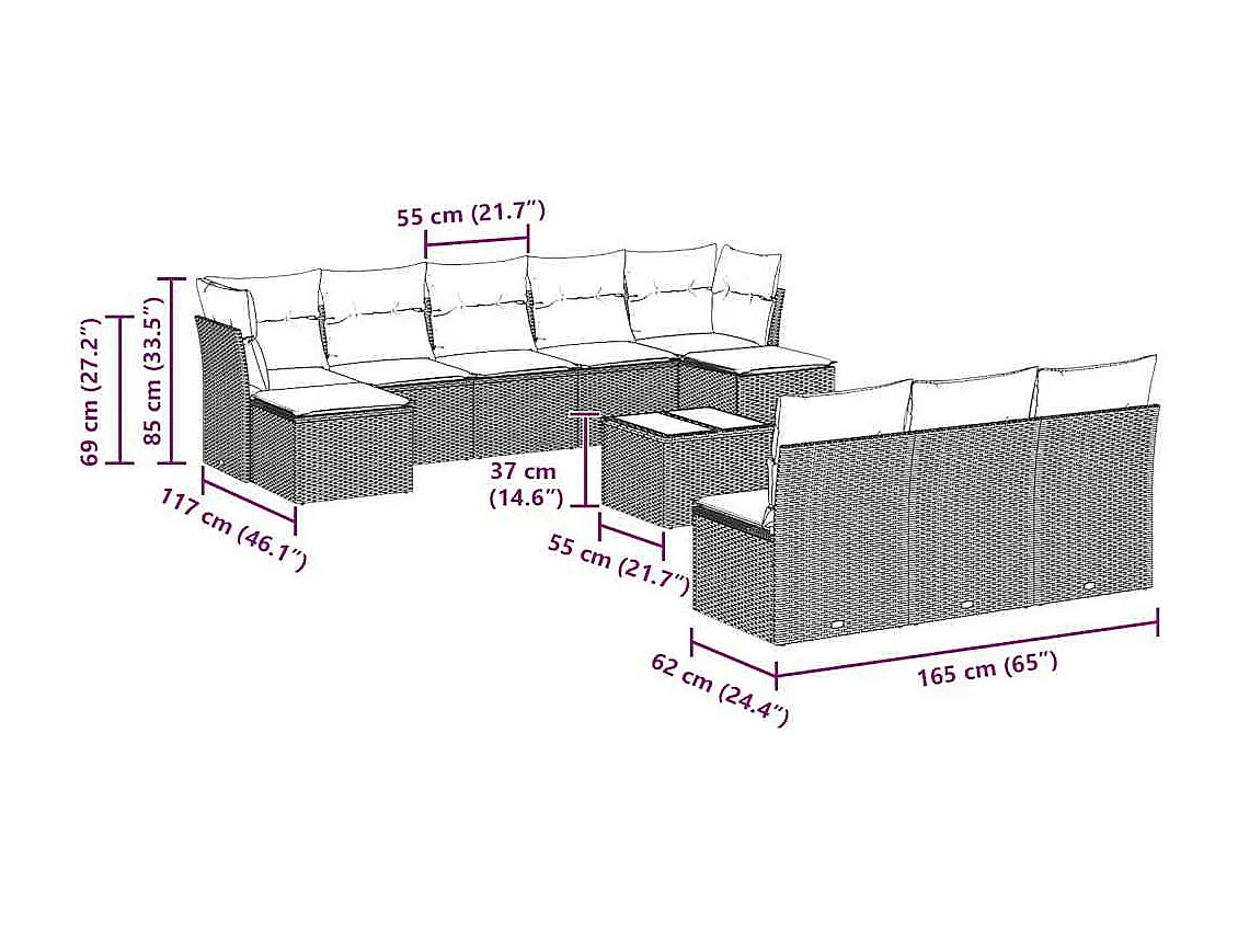 11-delige Loungeset met kussens poly rattan lichtgrijs