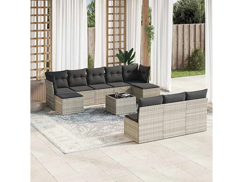 Salon de jardin 11 pièces avec coussins gris clair résine tressée