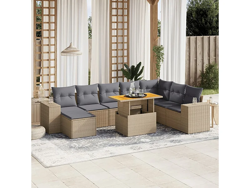 Salon de jardin avec coussins 9 pièces beige résine tressée