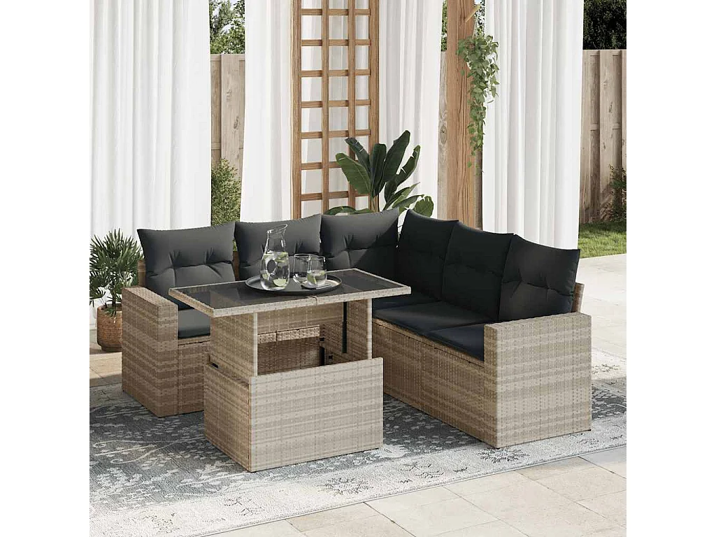 6-delige Loungeset met kussens poly rattan lichtgrijs