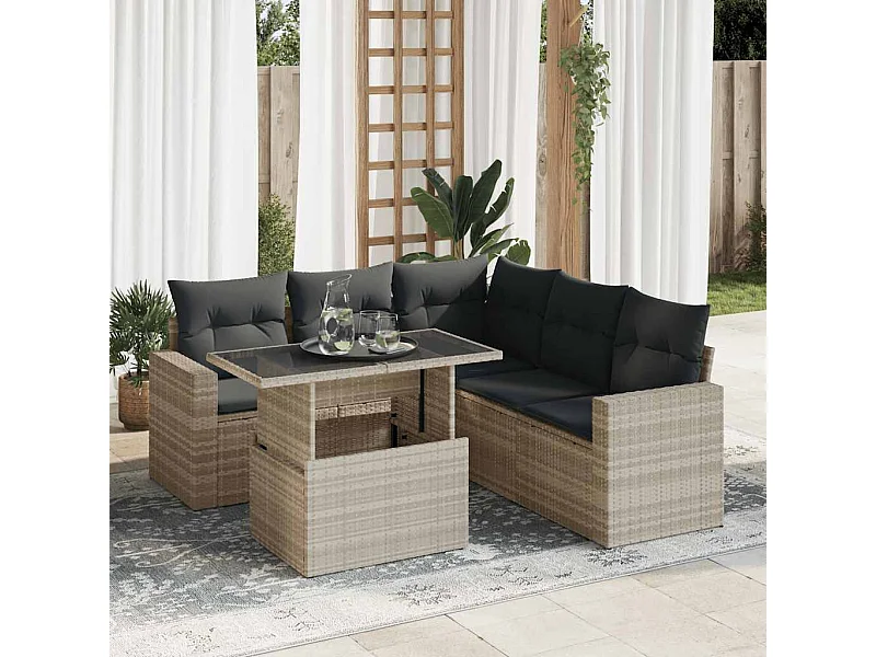 6-delige Loungeset met kussens poly rattan lichtgrijs