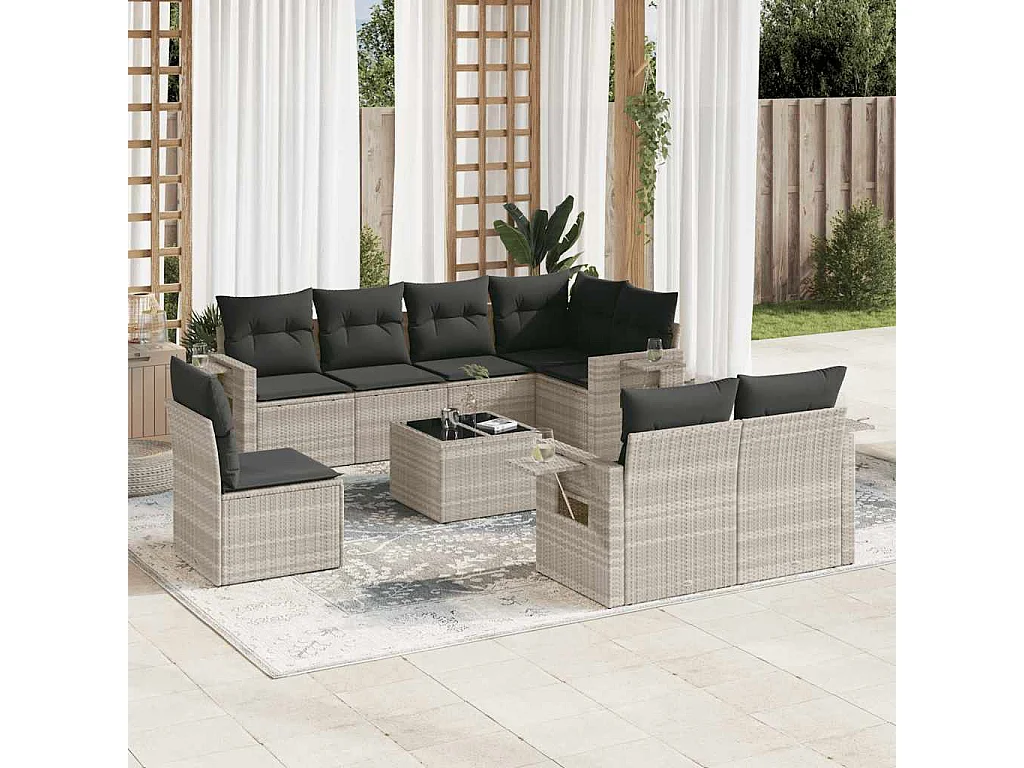 9-delige Loungeset met kussens poly rattan lichtgrijs