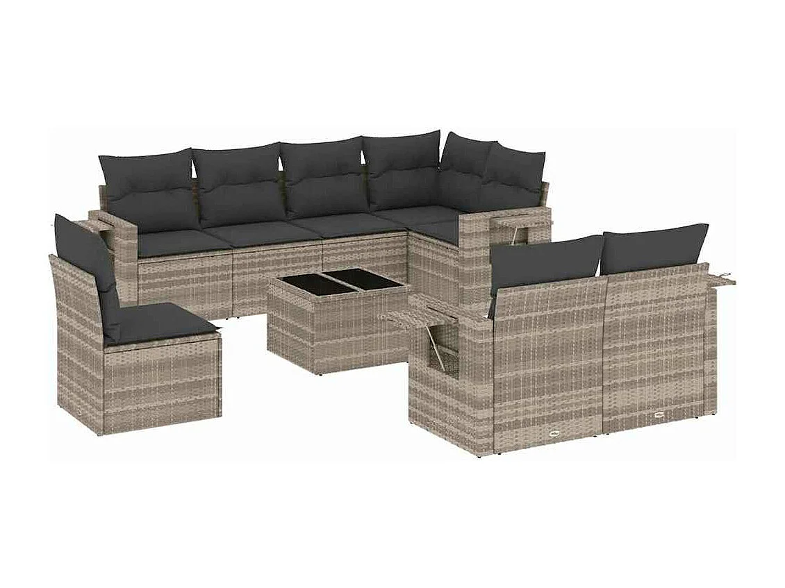 9-delige Loungeset met kussens poly rattan lichtgrijs
