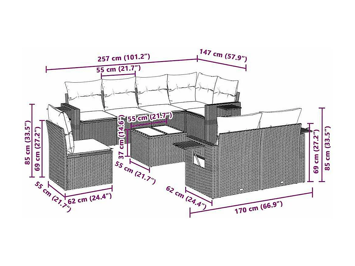 9-delige Loungeset met kussens poly rattan lichtgrijs