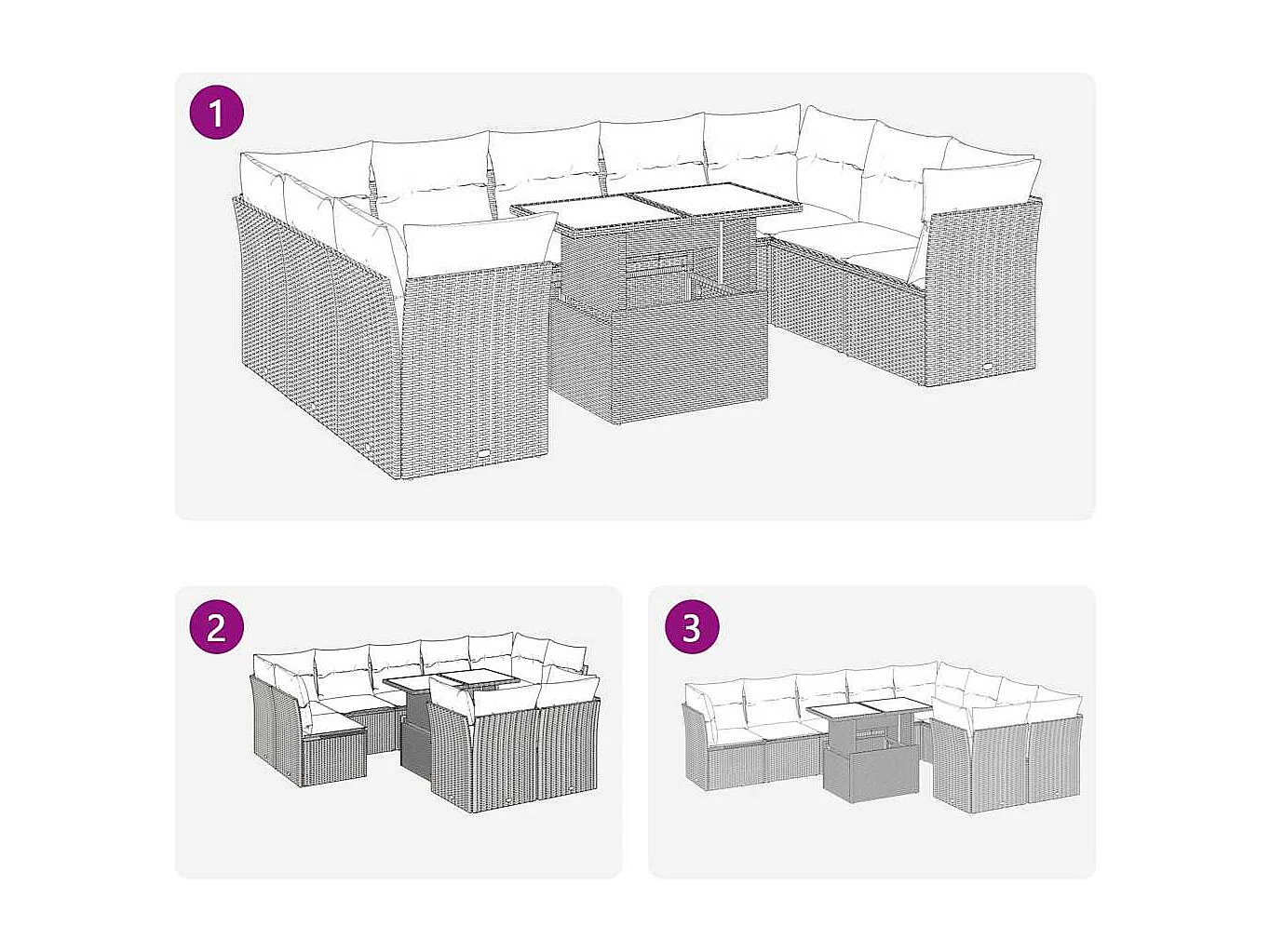 10 peças conjunto sofás de jardim com almofadões vime PE cinzento