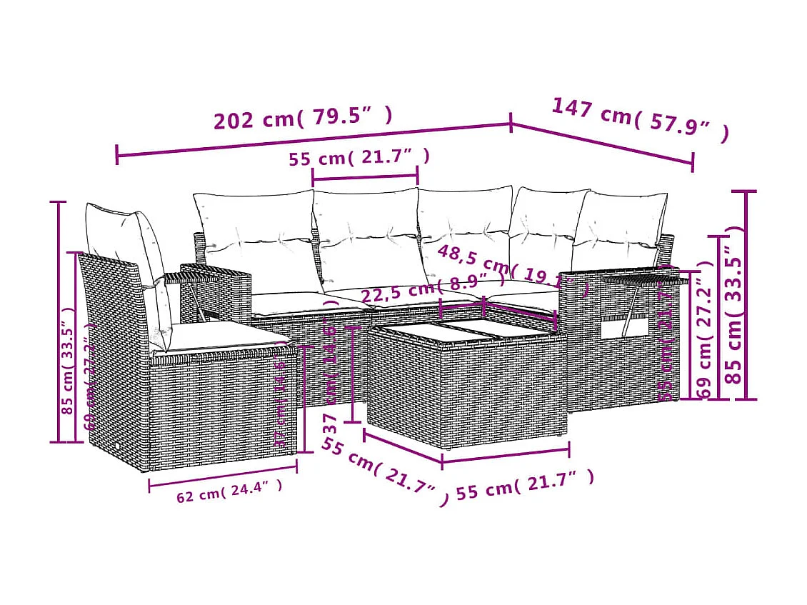 6-delige Loungeset met kussens poly rattan bruin