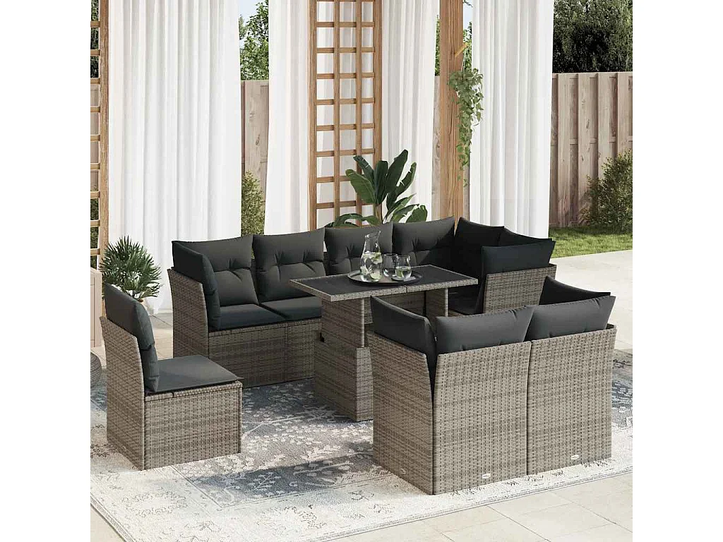 Salon de jardin 9 pièces avec coussins gris résine tressée