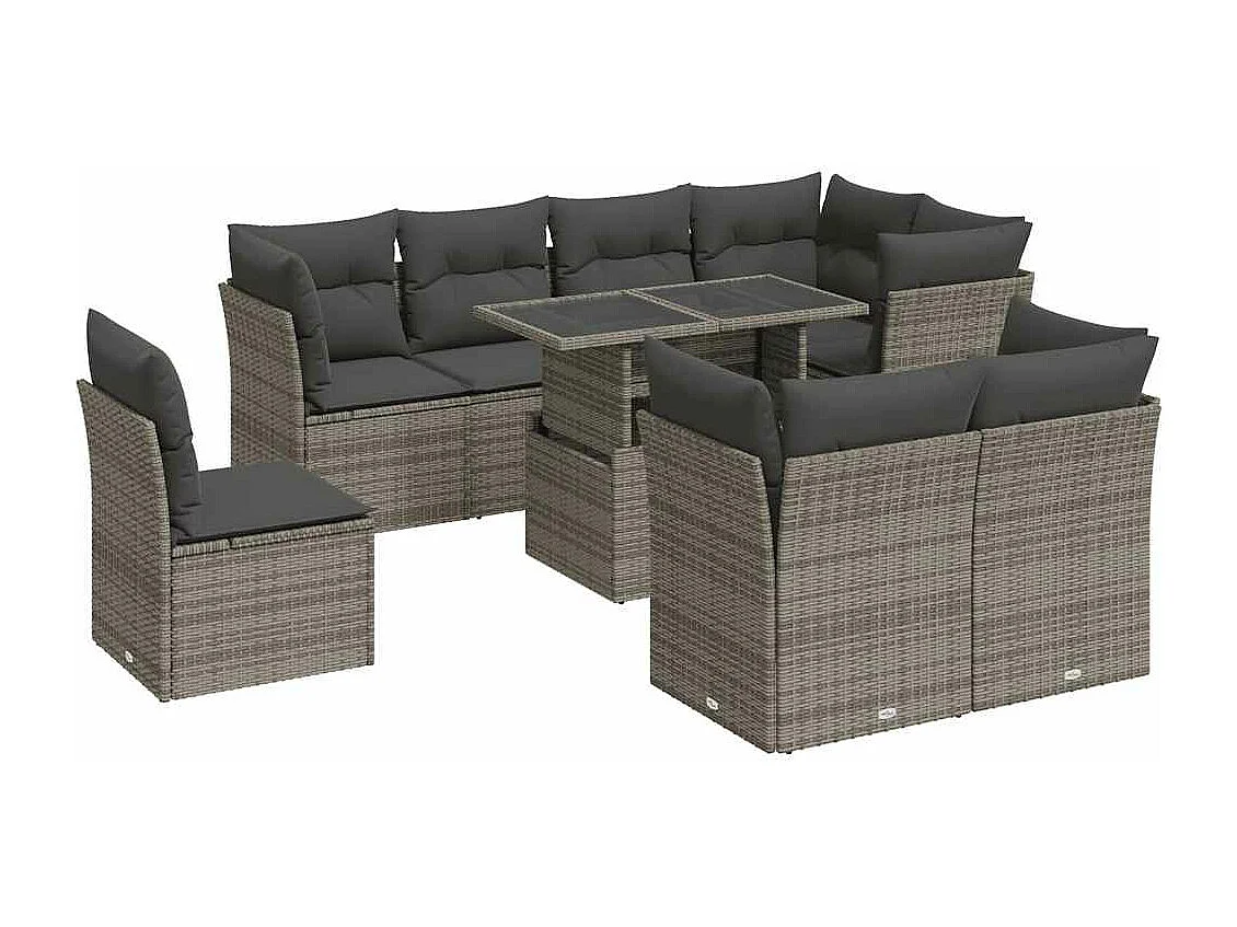 Salon de jardin 9 pièces avec coussins gris résine tressée