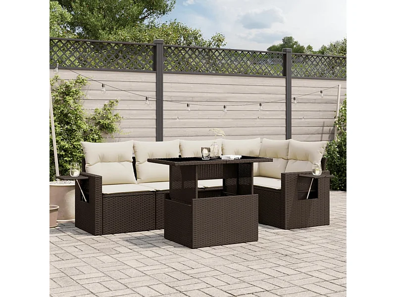 6-delige Loungeset met kussens poly rattan bruin